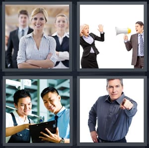 woman boss with arms crossed, man yelling at woman with bullhorn, man showing worker how to do something, man in collared shirt pointing