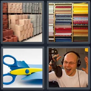 bricks for construction for sale, fabric for sale in stacks, scissors cutting fabric, man recording or on radio