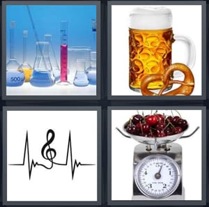 chemistry beakers for experiment, beer stein with pretzel, music double clef with heartbeat, cherries weighed on scale