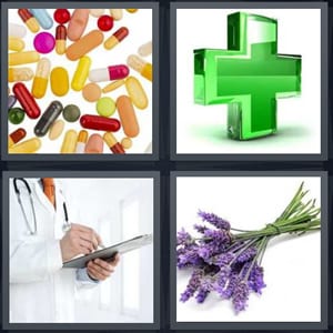 pills capsules prescription, green cross for pharmacy, doctor writing on tab, lavender flowers