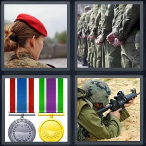 woman wearing red beret, soldiers in line in uniform, gold medals, soldier shooting