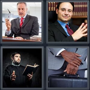 leader man with glasses, lawyer in office with books, preacher man in collar with bible, businessman with brief case