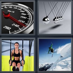 speed gauge for car, magnets knocking together, woman on gymnast rings, man jumping skiing on mountain