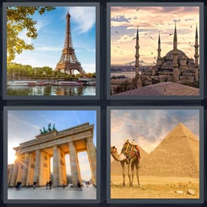 Eiffel Tower in Paris, basilica with birds in Rome, Brandenburg gate in Berlin, camel and pyramids in Egypt