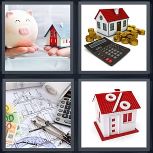 piggy bank saving for house, house with coins, calculating to buy home, percent sign on red roof