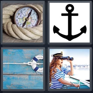 compass with rope, black anchor, life preserver welcome on board, captain of ship with binoculars