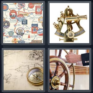 map symbols road map, brass instrument for telling directions, compass on map, ship wheel captain