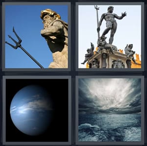 statue of Roman god, god statue with staff, blue planet in sky, ocean with large dark storm clouds