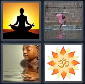 person meditating with sunset, man washing clothes in river on steps, statue of Buddha in water, Om sign in lotus flower