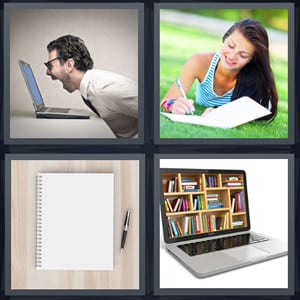 man yelling at laptop, woman writing laying in grass, blank paper and pen, files in computer with keyboard