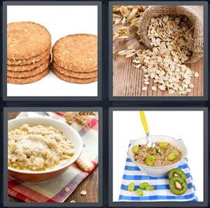 stack of cookies, oats coming out of burlap bag, breakfast bowl, cereal with fruit and spoon