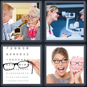 doctor checking woman eyes, man getting eye test, glasses making letters clear, woman with lens and piggy bank
