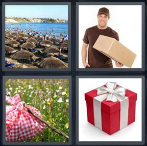 beach bungalows with sea, delivery man with box, hobo bundle on stick, gift wrapped with white ribbon