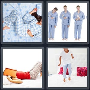 woman sleeping in bed matching bed, man wearing bedtime clothes, woman asleep with book on face, kid jumping on bed