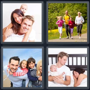 family with baby, family jogging in woods, family with kids on backs, dad awake with baby while mom sleeps