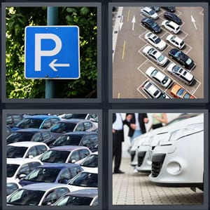 sign with P on it, lot for cars marked, lots of cars stationary, car dealer selling new car