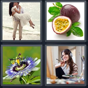 couple kissing on beach wearing white, fruit with purple skin, purple flower with bee, woman painting wearing headphones