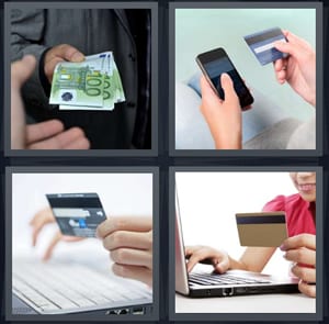 man holding stack of Euros, woman buying something on phone, credit card purchase online, woman buying stuff on laptop