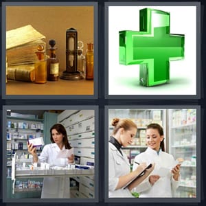 antique home remedy medicine, green cross for hospital, doctor choosing medicine, pharmacists writing prescriptions 