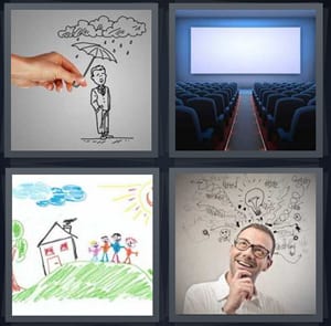 drawing of man being sheltered from rain with umbrella, movie theatre with large screen, kids drawing with family, man with idea