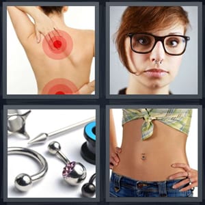 woman with pain in bak, woman with nose ring, body jewelry, woman with belly button ring