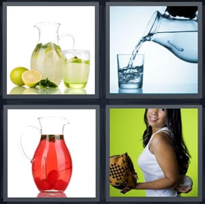 lemonade for drinking, water being poured, red juice in glass, woman with baseball and glove