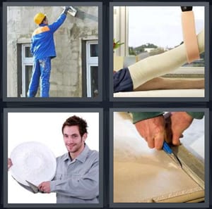 man doing cement work, broken leg in cast, man with molding for ceiling, man doing tile work