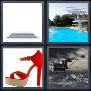 stand to accept award, pool with tall diving board, red tall stiletto heel, oil rig in ocean
