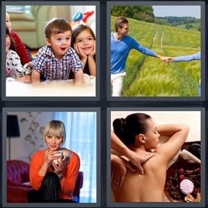 excited kids at party, couple walking in green field, woman holding mug smiling, woman getting massage