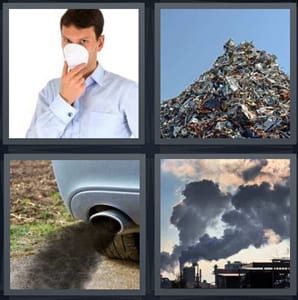 man wearing mask to protect breathing, trash in landfill, exhaust coming from car muffler, smoke coming from factories