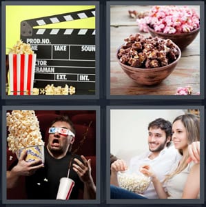 film clap board, sweet and savory snack in bowls, 3D movie man watching with snacks, couple watching TV