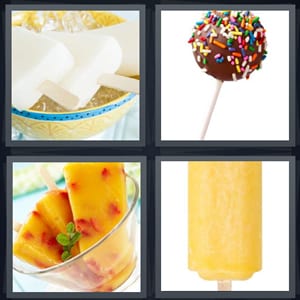 frozen treat, lollipop with chocolate and sprinkles, fruit ice pop, frozen orange dessert