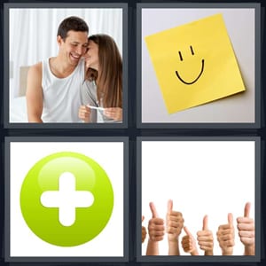 pregnant happy couple with pregnancy test, smiley face on yellow note, green plus sign, approving people give thumbs up