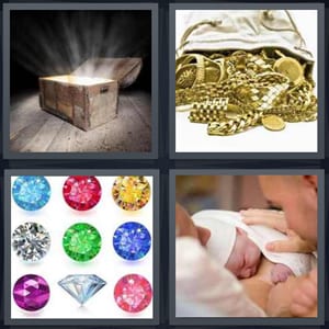 treasure chest open with light coming out, gold spilling out of bag, colorful gem stones, newborn baby in hospital with parents