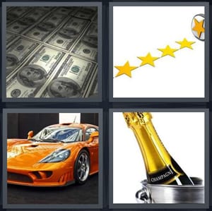 dollar bills in stack money, stars leading to orange star, orange sports car, champagne chilling on ice