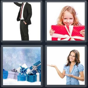 man wearing suit showing something, girl with gift wrapped in red, holiday gifts wrapped in blue with snow, woman showing something with hands