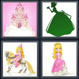 fantasy castle pink with stars, green Cinderella kissing animal, pretend imaginary queen on horse, queen in pink dress