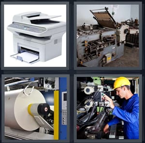 laser copier, ink machine, ream of paper on roll large, mechanic working on machine