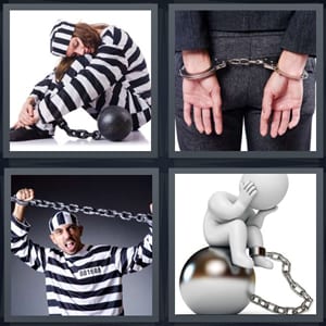 jailbird in black and white stripes, man in handcuffs, arrested man in uniform, cartoon of person with ball and chain