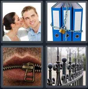 woman telling man secret, binders with lock around them, man with zipped mouth, iron fence around property