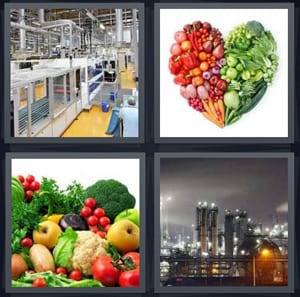 assembly line in factory making something, heart made of vegetables and fruits, stack of vegetables, factory with large exhaust