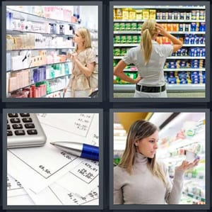 woman at shop, woman choosing which pasta to buy, calculating finances with pen and calculator, woman at grocery store