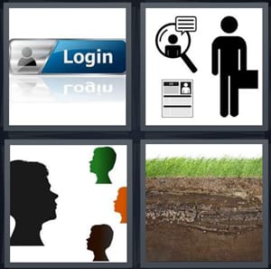 login to Facebook field, symbols of man in newspaper, profile cameo bust of faces, soil with grass on top