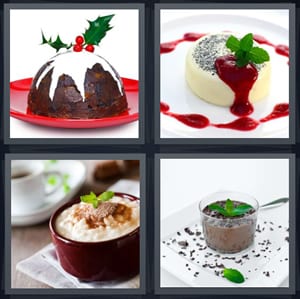 holiday figgy dessert, custard with strawberry sauce, rice custard with cinnamon, chocolate dessert with mint