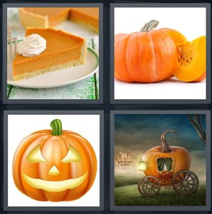orange pie, squash with seeds, Halloween jack o lantern, Cinderella carriage