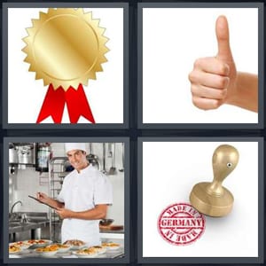 gold award with red ribbon, thumbs up approval, chef in kitchen, made in Germany stamp