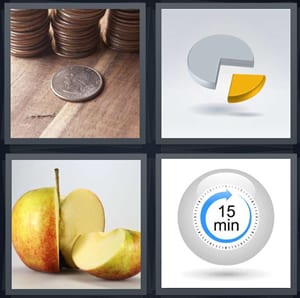 coins in stacks, piece of pie chart, apple with slice taken out, timer with 15 minutes