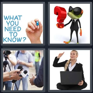 what you need to frog holding curious punctuation, microphone asking person, woman with laptop and hand raised