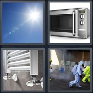 blue sky with bright sunlight, microwave oven silver, heater on wall, nuclear factory