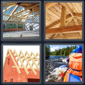 attic with open air, wooden ceiling with beams, roof going on house, people rafting on river with life jackets